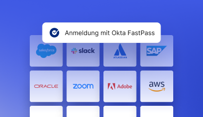 A graphic of a user using Okta FastPass to sign on to different apps at once.