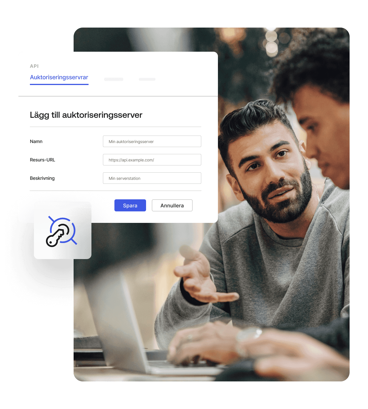 Display of Authorization Servers screen overlapping an image of a man speaking to his coworker. 