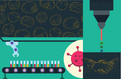 Illustration of a field of cells, a biomanufacturing assembly line, a flow cytometry device and a handshake.