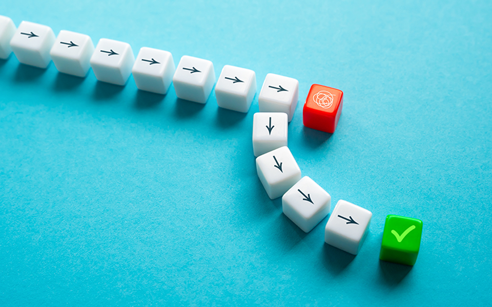 Directional arrows on cubes that show a detour to another solution.