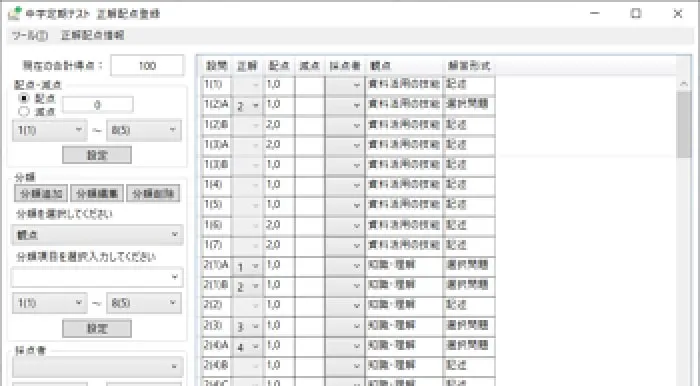 設問毎に得点を設定します。あわせて、設問毎の観点や分野などの情報を登録することもできます。