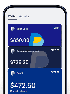 A mobile phone showing PayPal cards and credit options, including PayPal Cash, PayPal Cashback Mastercard, and PayPal Credit