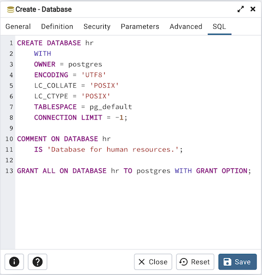 Database dialog sql tab