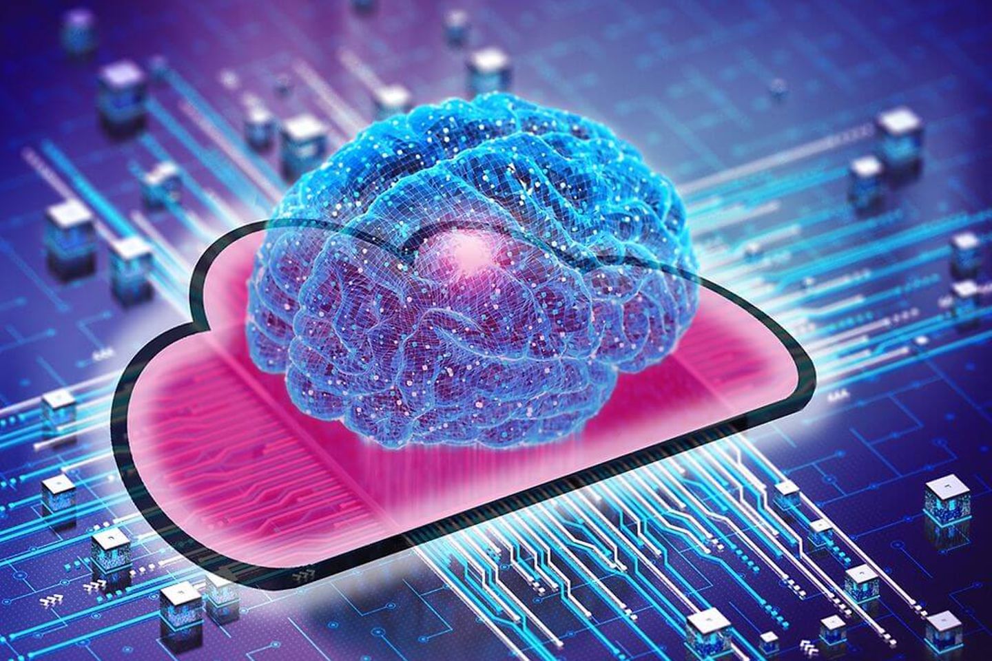 digitales Gehirn auf einer magenta schematischen Wolke und Platine