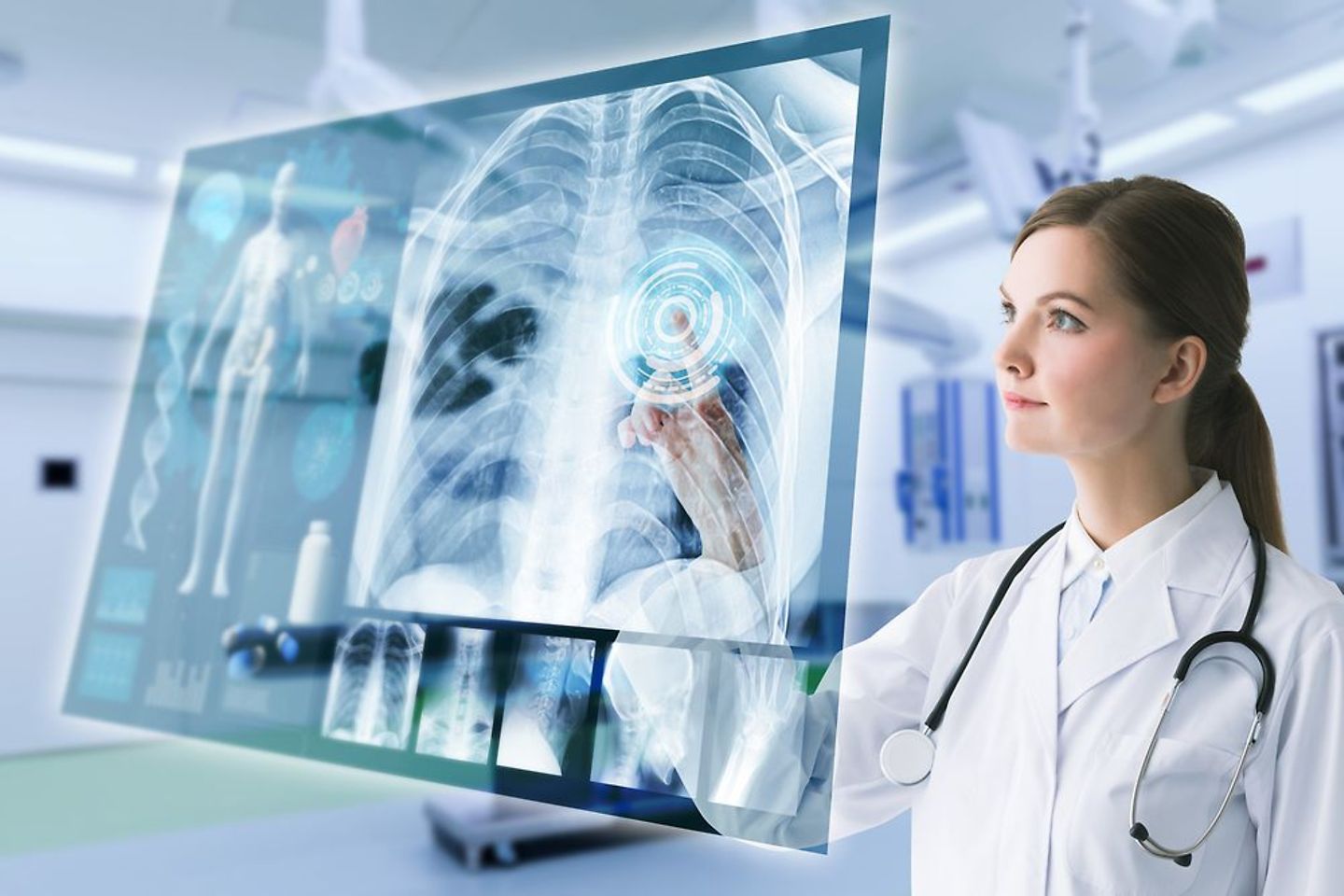 AI in healthcare, Epic hospital information system, doctor checking virtual x-ray
