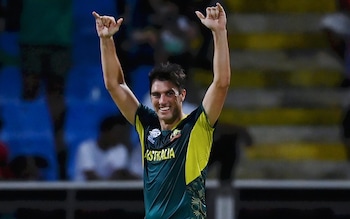 Pat Cummins celebrates dismissing Taskin Ahmed/Pat Cummins becomes only the second Australian to take hat-trick at T20 World Cup