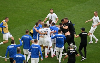 Slovenia celebrate Erik Janza's equaliser.