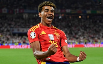 Spain's Lamine Yamal celebrates after Fabian Ruiz scores their second goal against Georgia