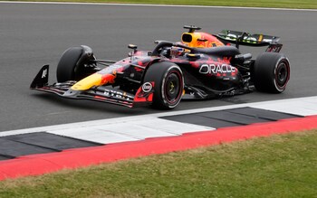 Red Bull driver Max Verstappen of the Netherlands steers his car during the first free practice at the Silverstone racetrack, Silverstone, England, Friday, July 5, 2024. The British Formula One Grand Prix will be held on Sunday.