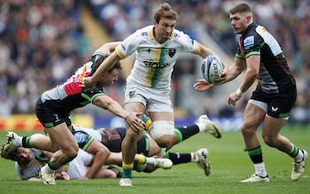 Northampton Saints' James Ramm in action during the Premiership match against Harlequins at Twickenham Stadium on April 27, 2024