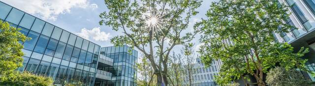 Modern eco city with green trees.