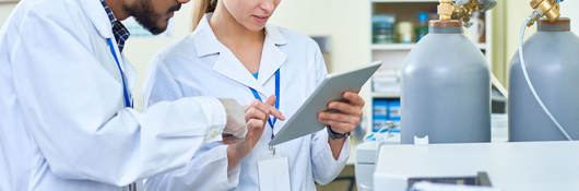 Researchers looking at data on a tablet