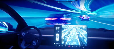 Vehicle interior dashboard with a display showing the car’s proximity to other vehicles on the road.