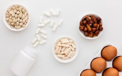 Lysine capsules, tablets, beans, eggs, and nuts