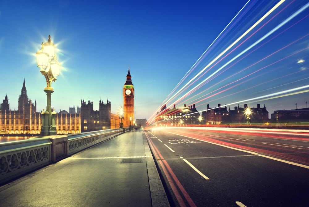 light lines zooming down bus lane on westminister bridge