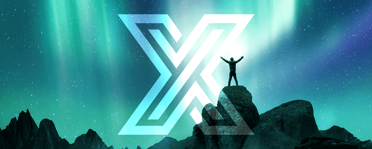 man standing on a rock with starry sky and XMA icon in the middle