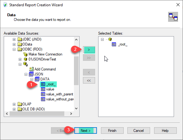 SAP Crystal Report - Add ODBC XmlDSN DSN Tables