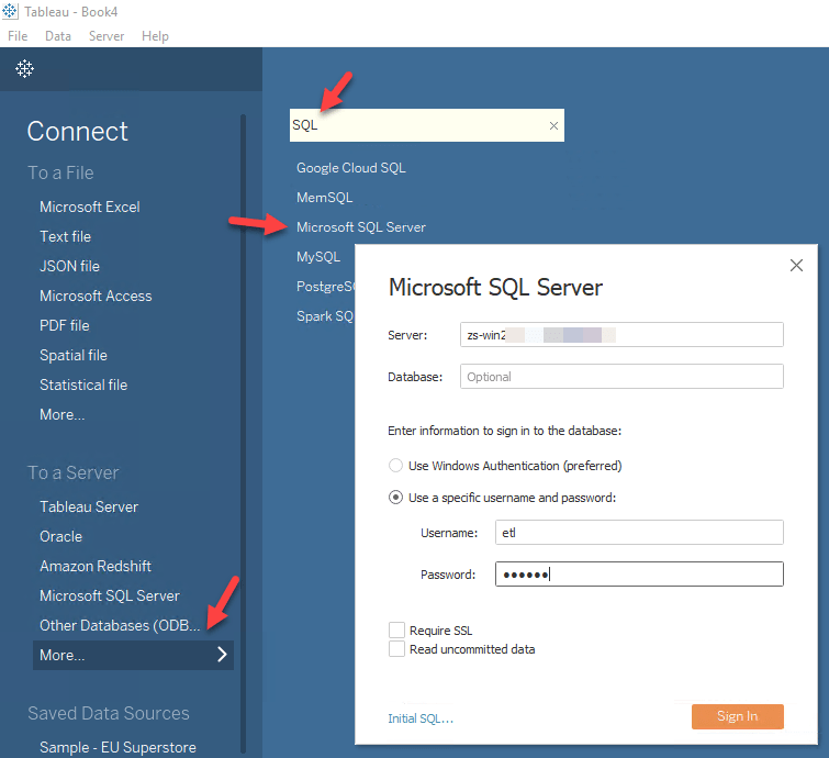 Tableau connect to SQL Server