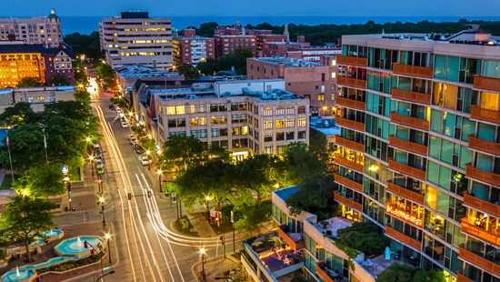 Downtown Evanston at dusk