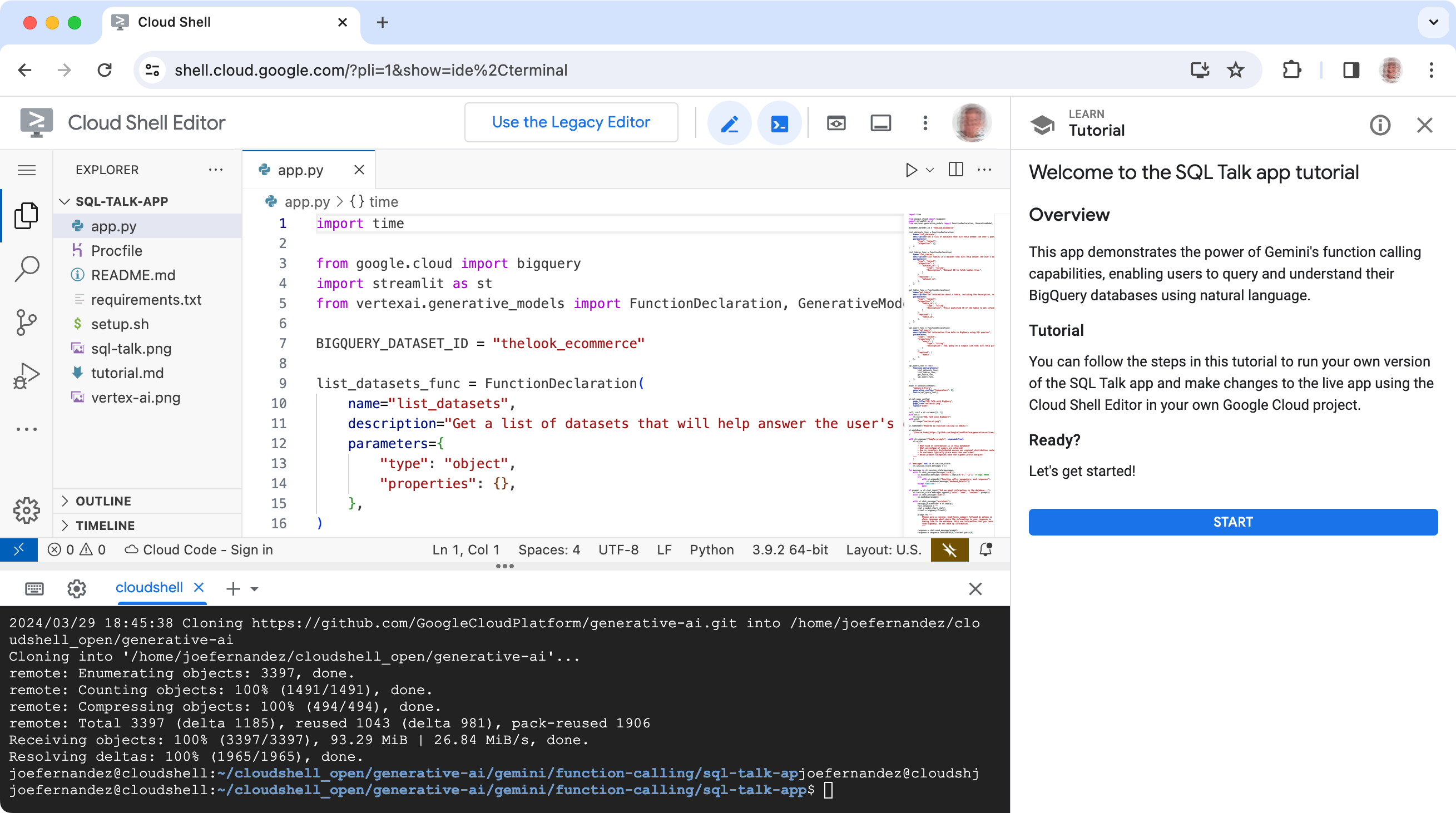 显示 SQL Talk 项目代码的 Google Cloud Shell Editor