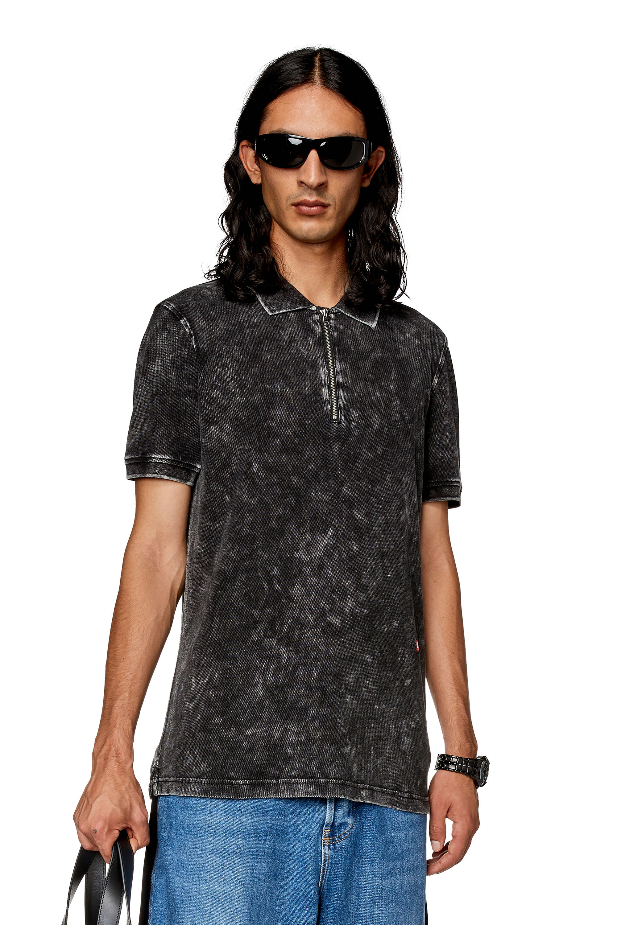 Diesel - T-SMITH-ZIP, Man Polo shirt in faded piqué in Black - Image 1