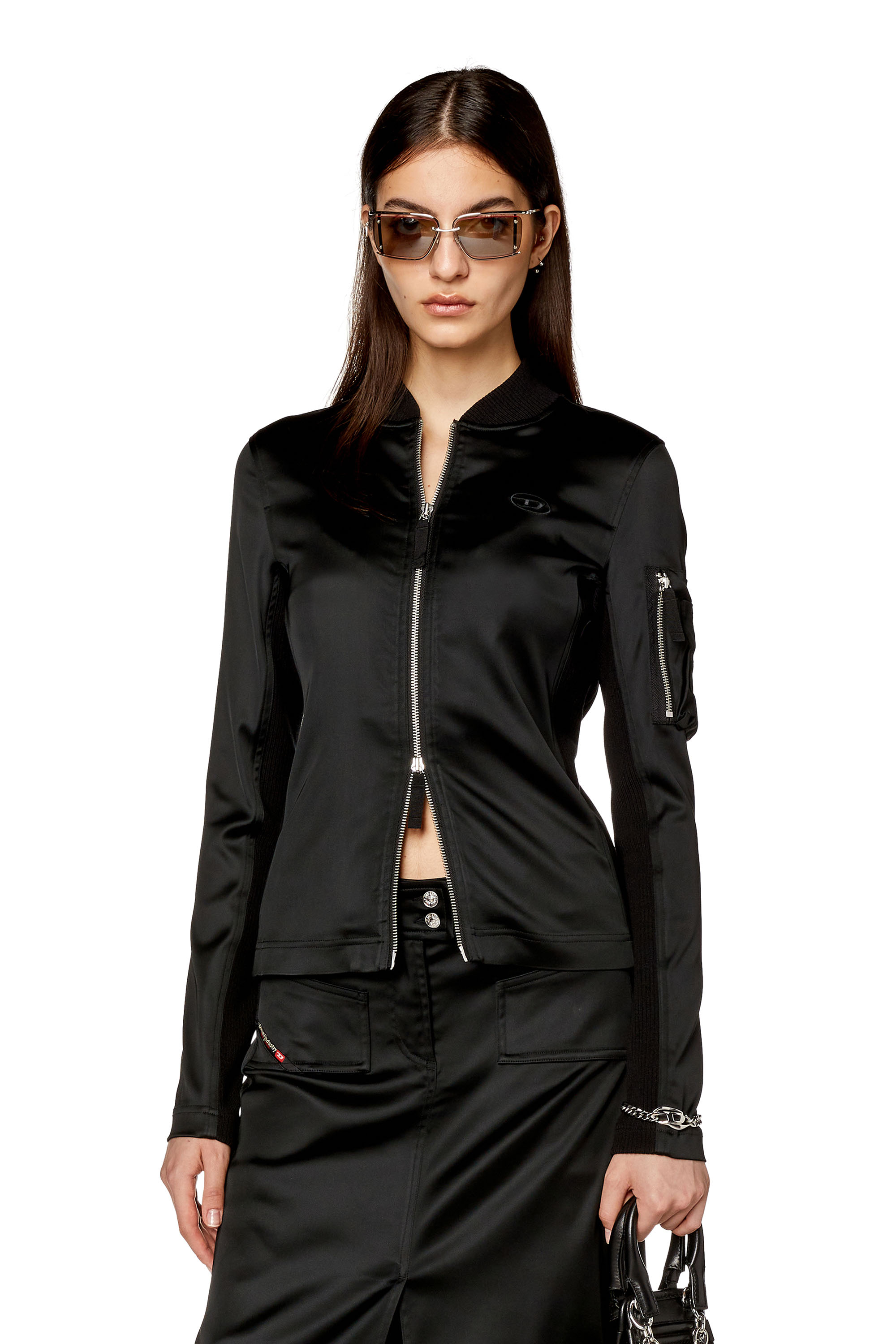 Diesel - T-OPUN, Woman's Track jacket in shiny stretch satin in Black - 1