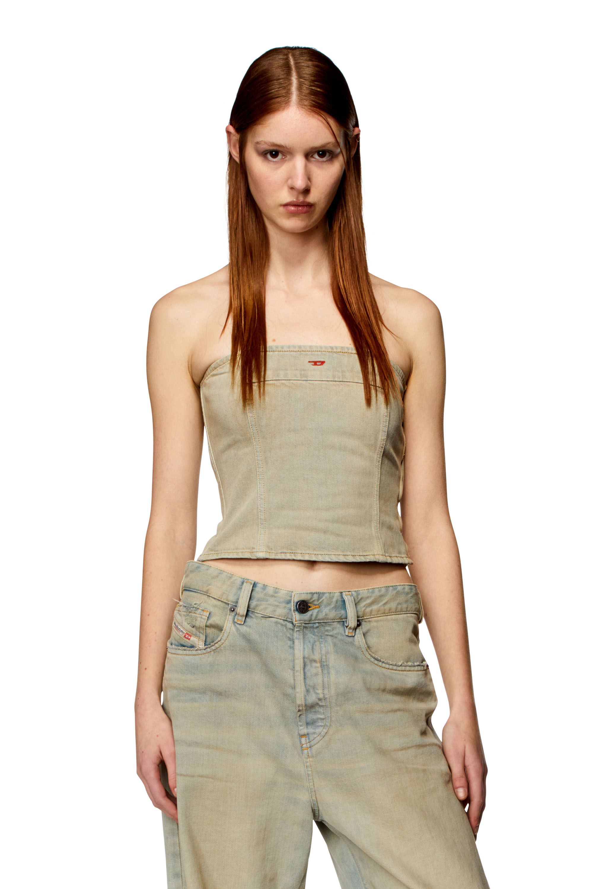 Diesel - DE-VILLE, Damen Bandeau-Top aus vielgetragenem Denim in Beige - Image 1