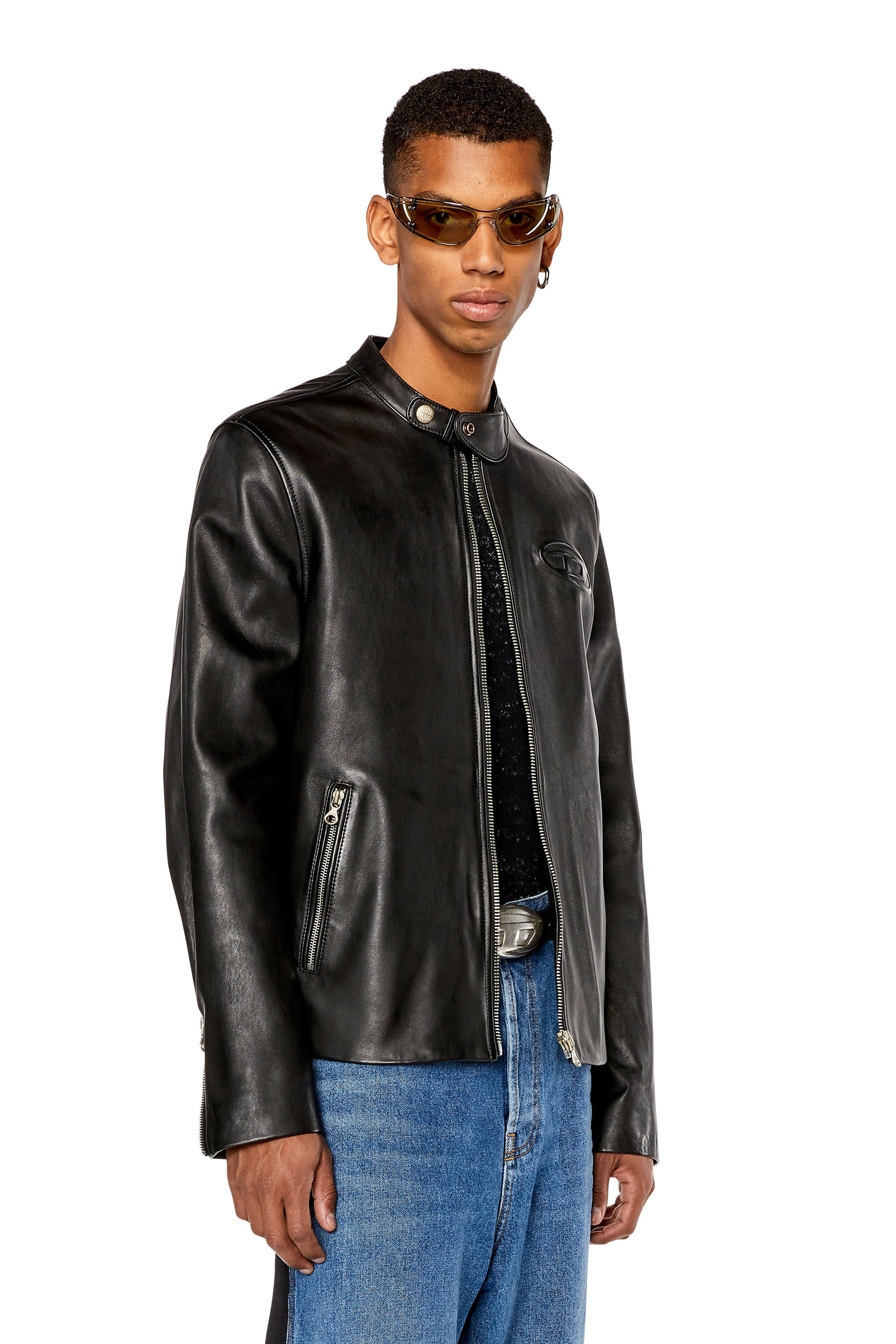 Diesel - L-METALO, Man Leather biker jacket with distressed logo in Black - Image 1