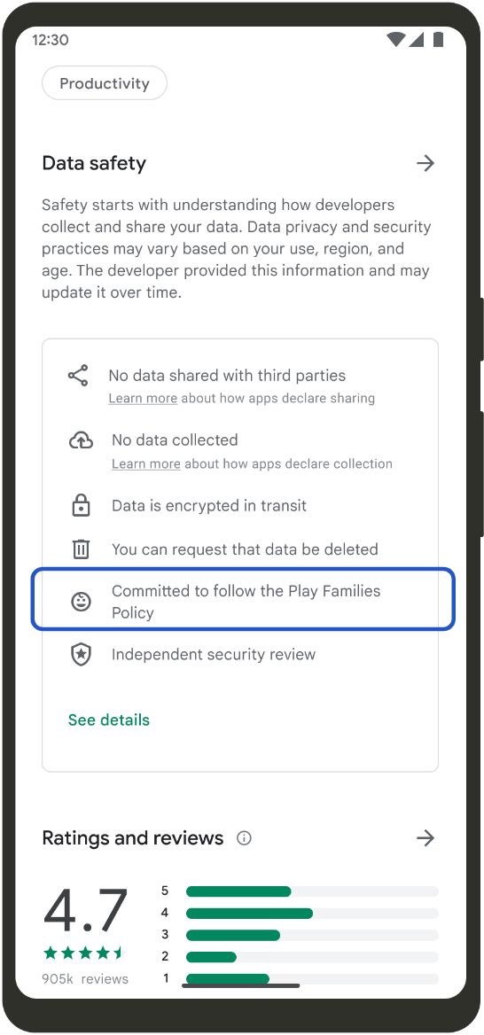 Screenshot of a cellphone screen showing the Data Safety form in Google Play with the 'Security practices'section highlighted