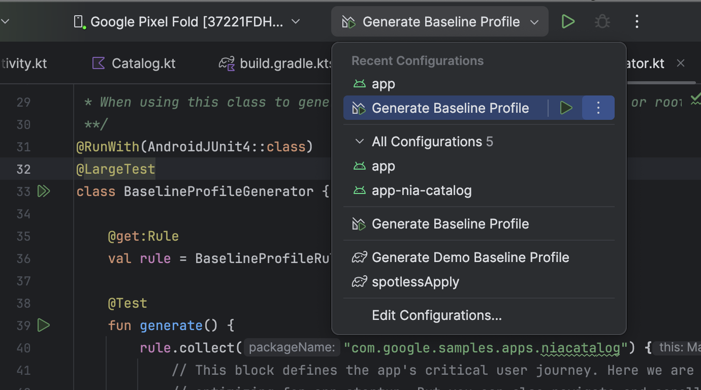 Generate Baseline Profile drop-down menu