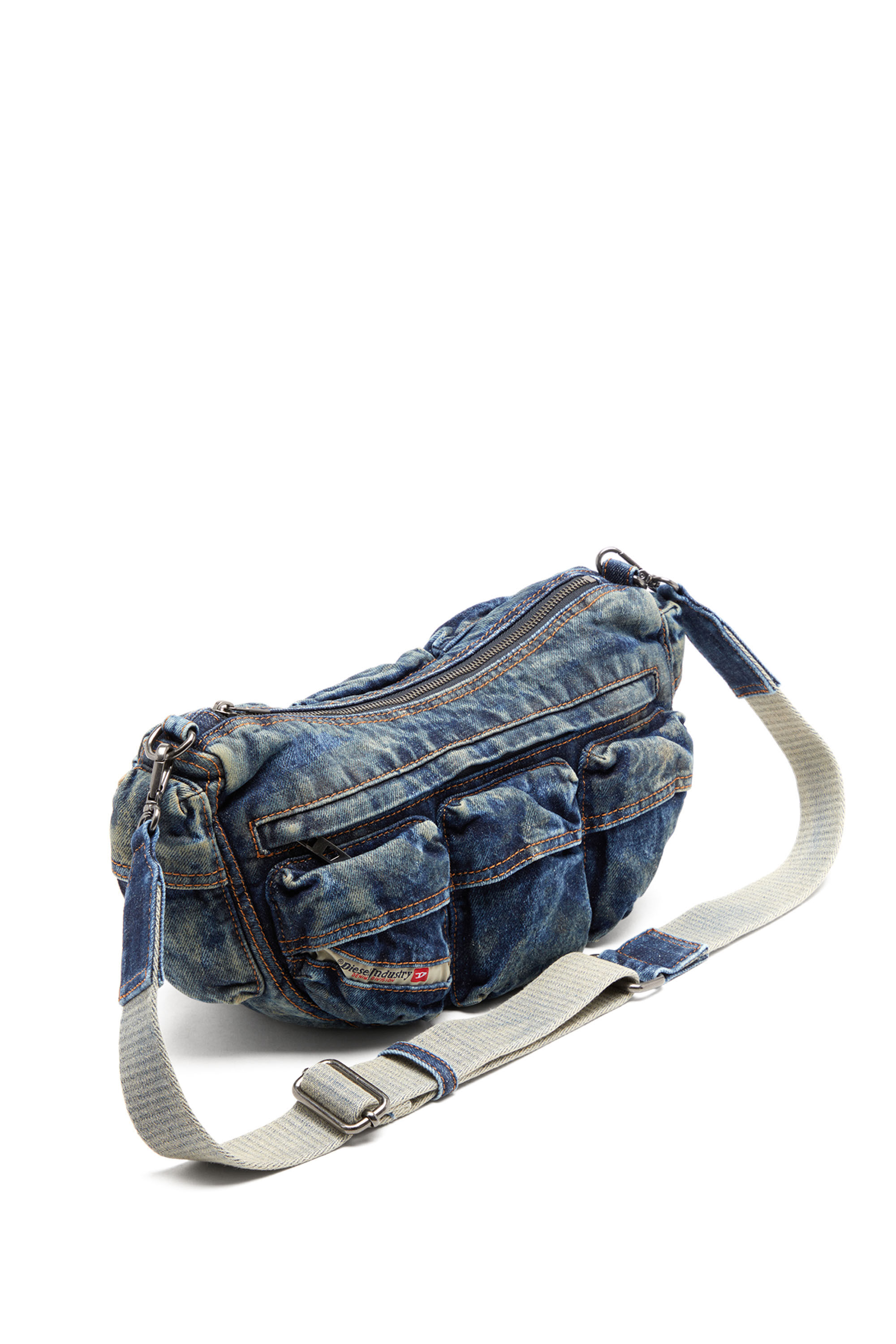 Diesel - RE-EDITION TRAVEL 3000 SHOULDER BAG X, Unisex Travel 3000-Multipocket bag in treated denim in Blue - Image 2