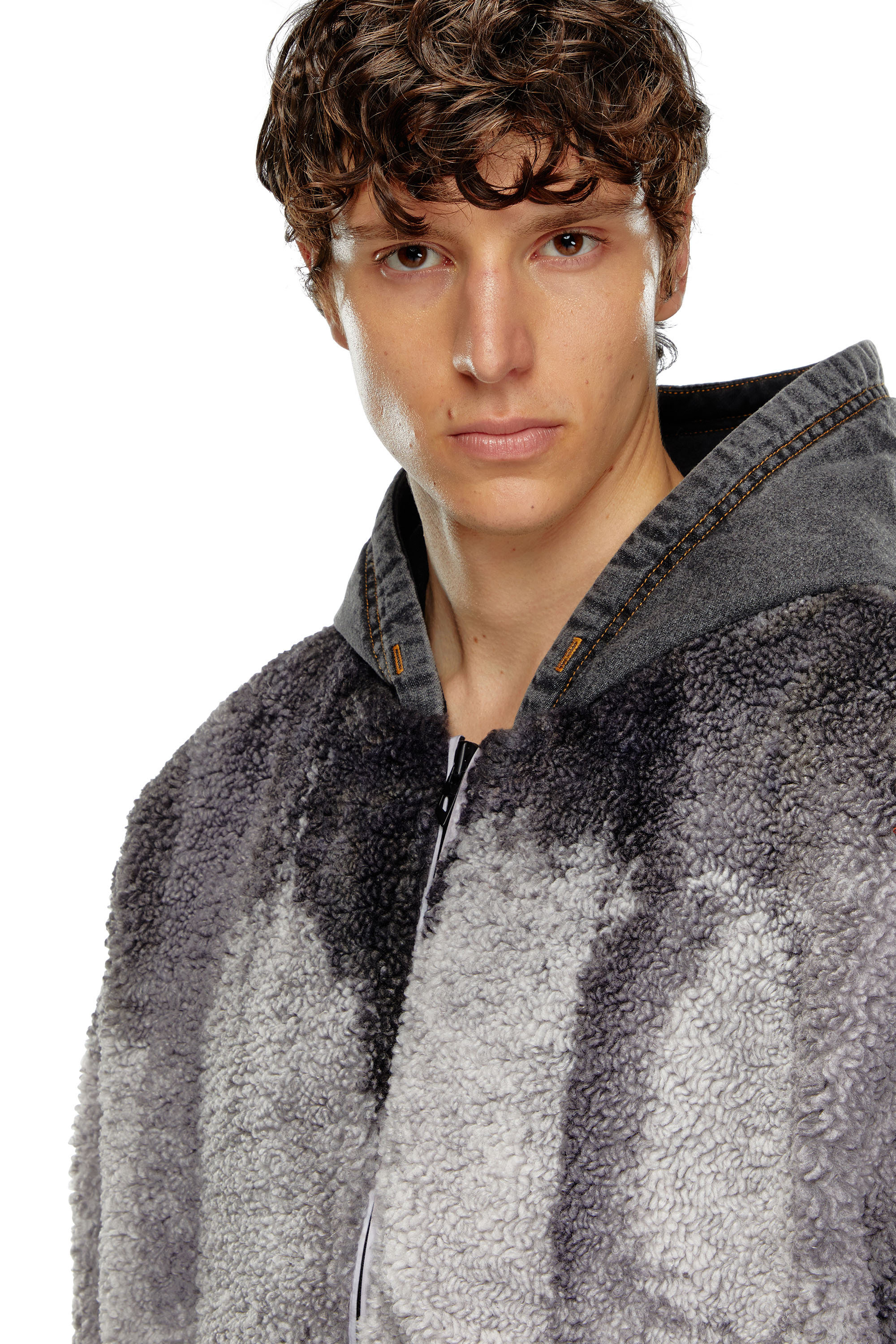 Diesel - S-DEPLA, Male's Tie-dyed teddy jacket with denim hood in Grey - 4