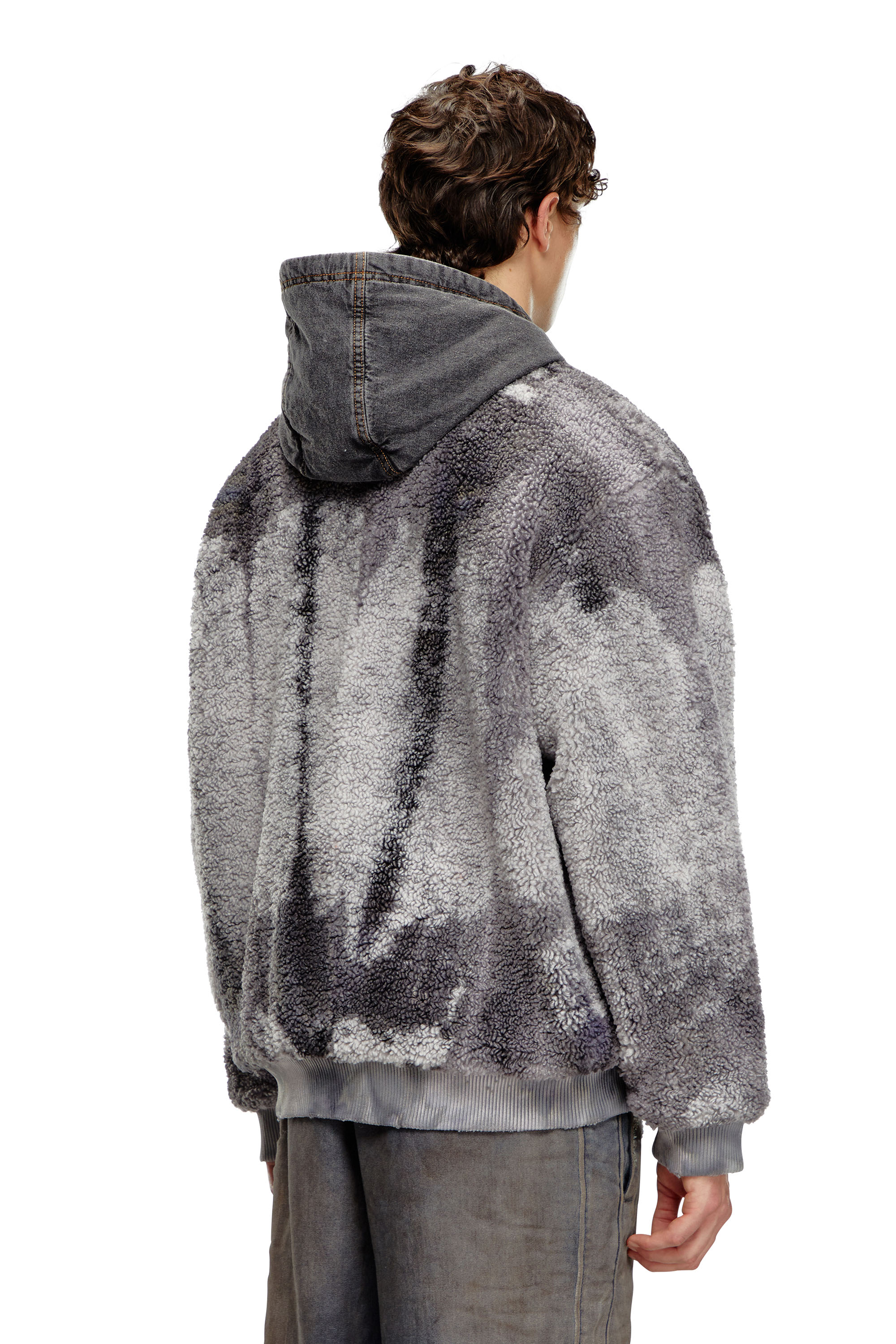 Diesel - S-DEPLA, Male's Tie-dyed teddy jacket with denim hood in Grey - 3