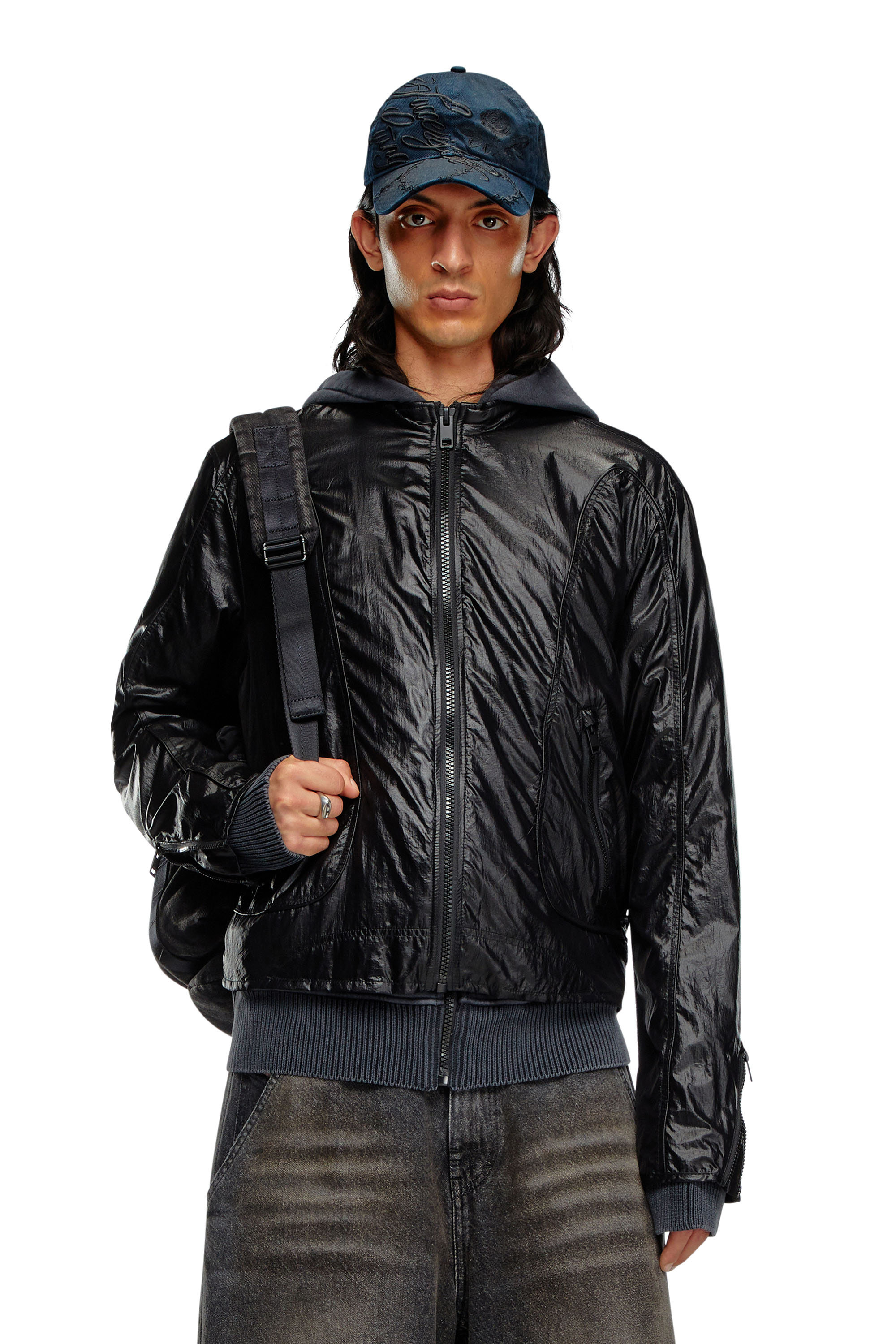 Diesel - J-CLAYS, Male's Biker jacket in shiny ripstop in Black - 1