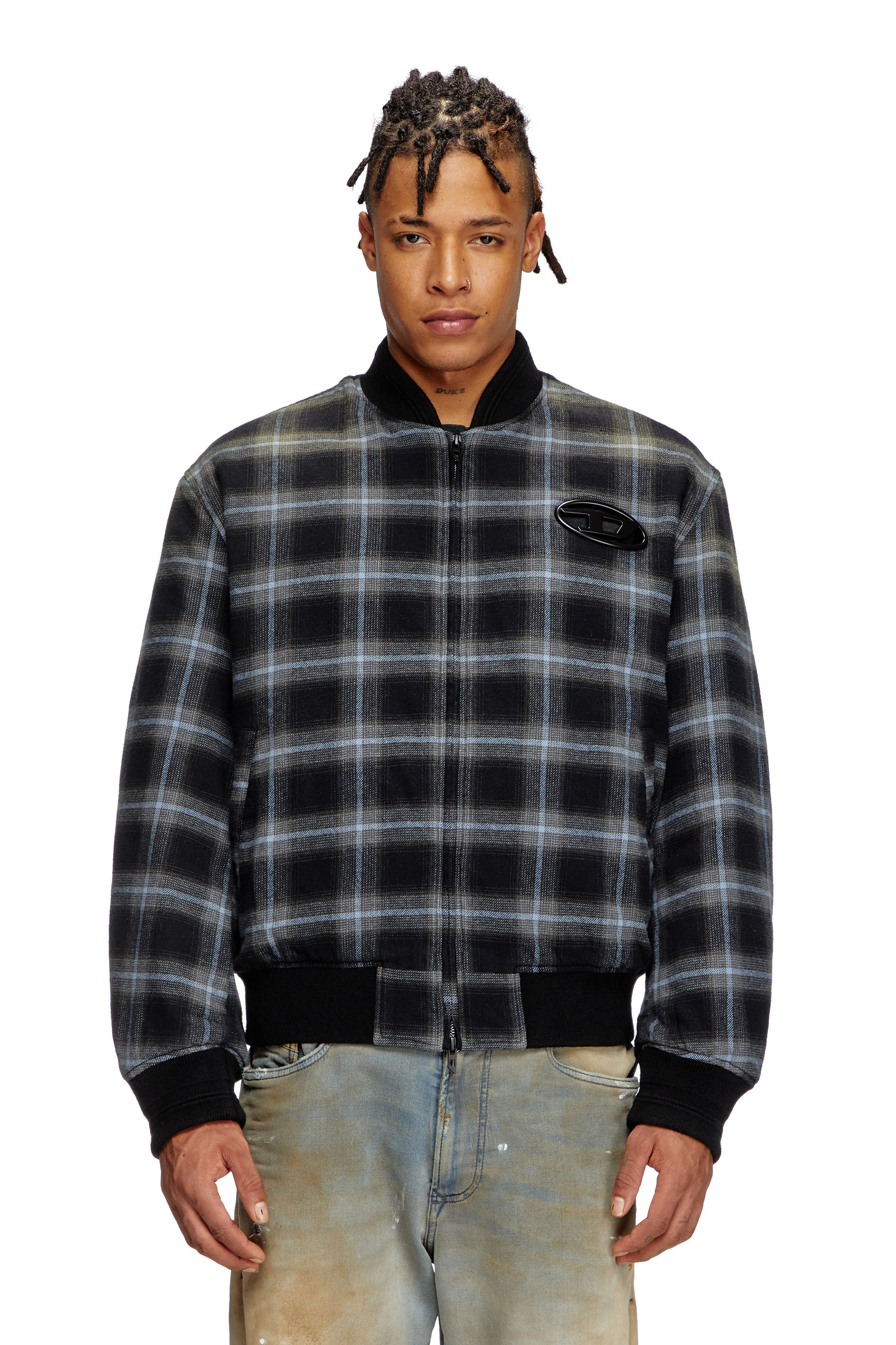 Diesel - J-SAINT, Male's Padded bomber jacket in check flannel in Black/Blue - 1