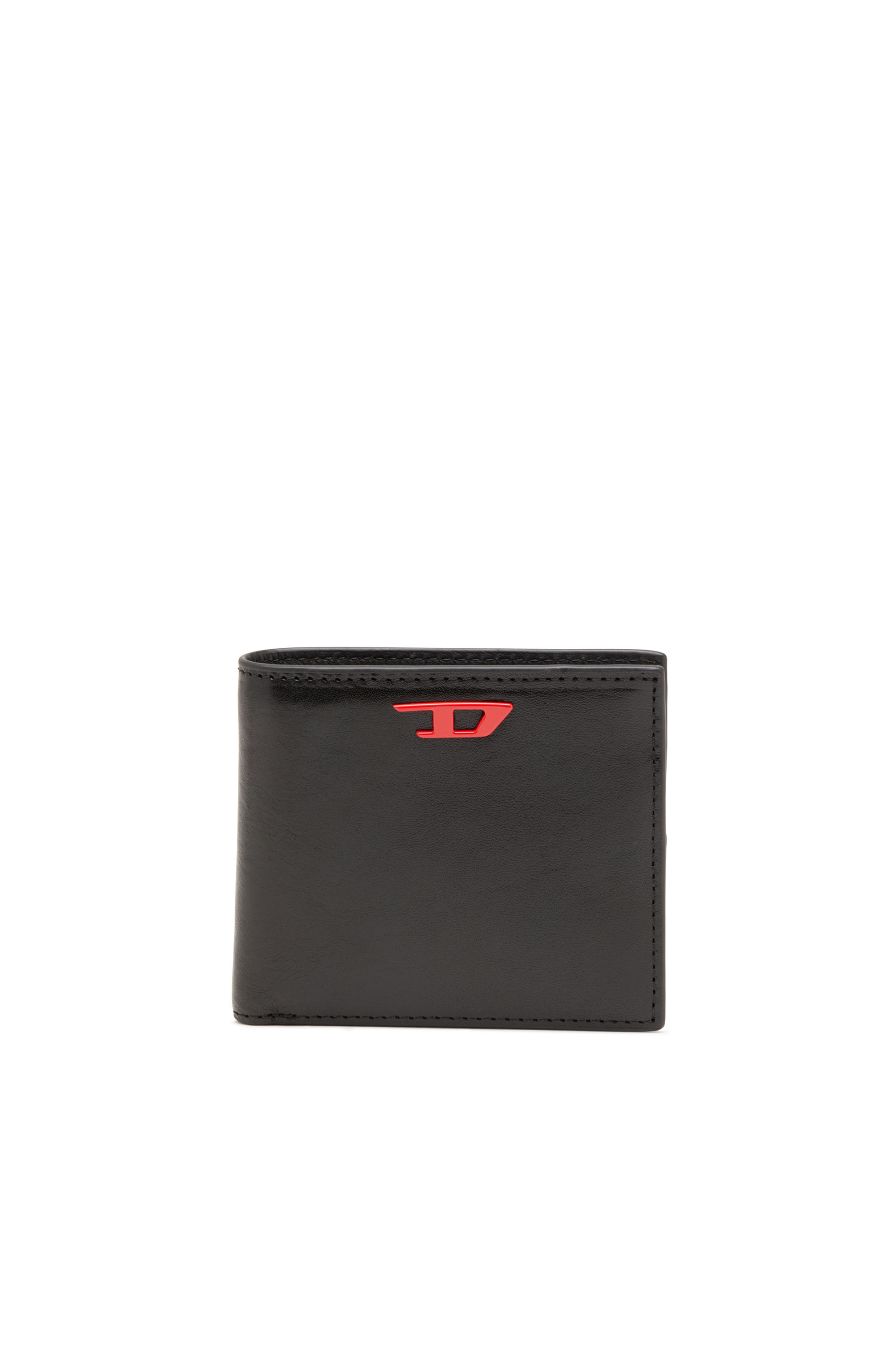 Diesel - RAVE BI-FOLD COIN S, Male Leather bi-fold wallet with red D plaque in Black - Image 1