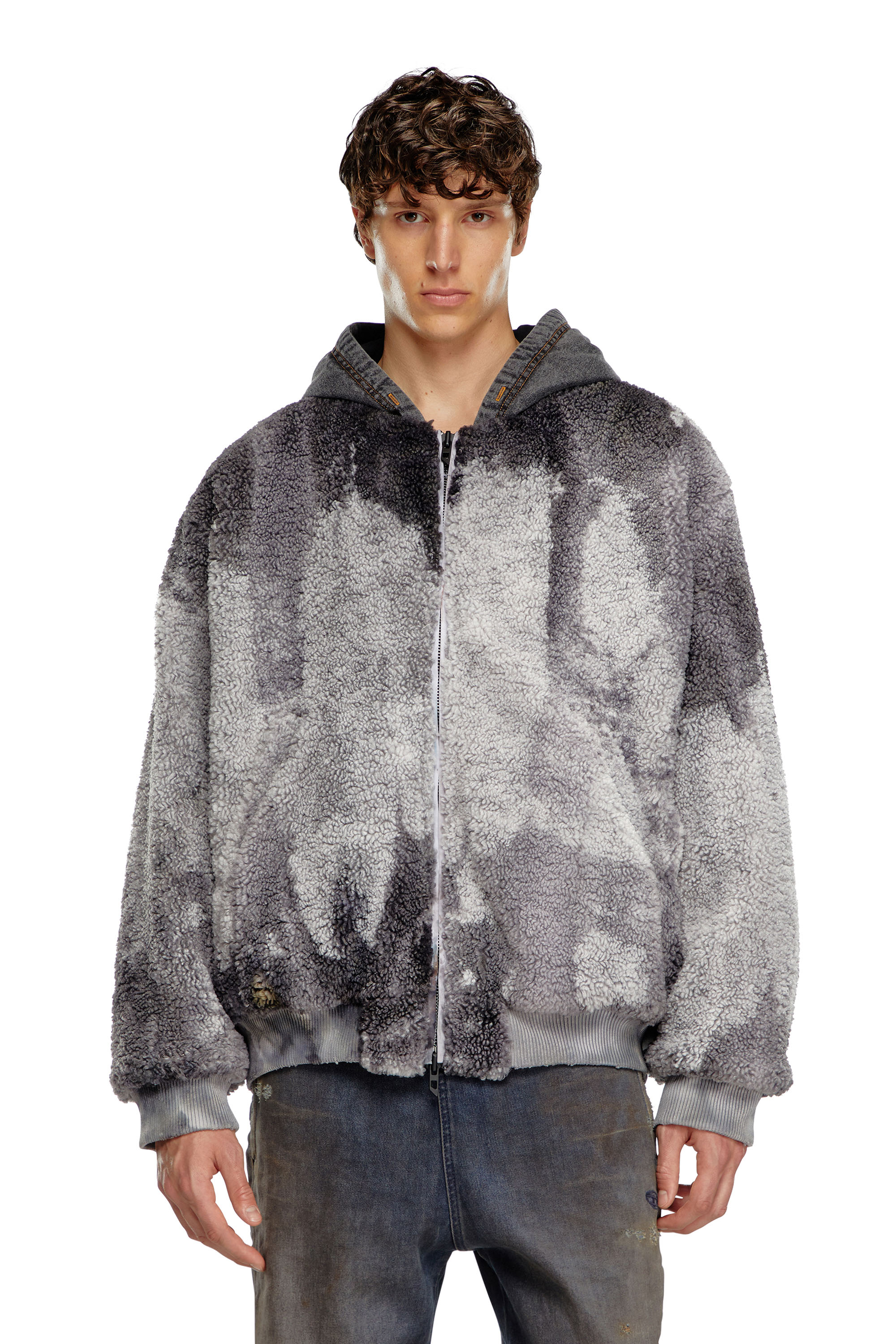 Diesel - S-DEPLA, Male's Tie-dyed teddy jacket with denim hood in Grey - 5