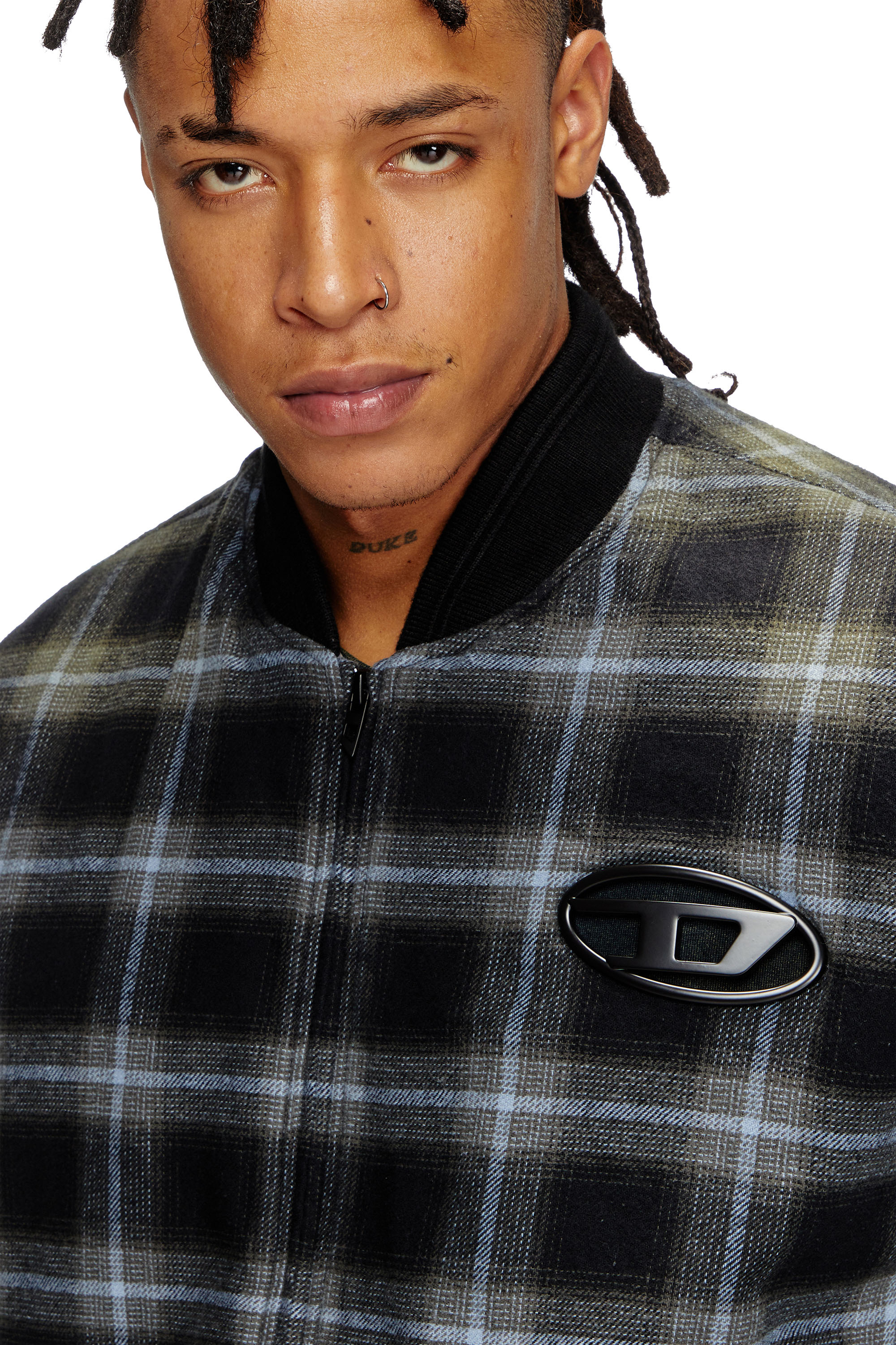 Diesel - J-SAINT, Male's Padded bomber jacket in check flannel in Black/Blue - 4