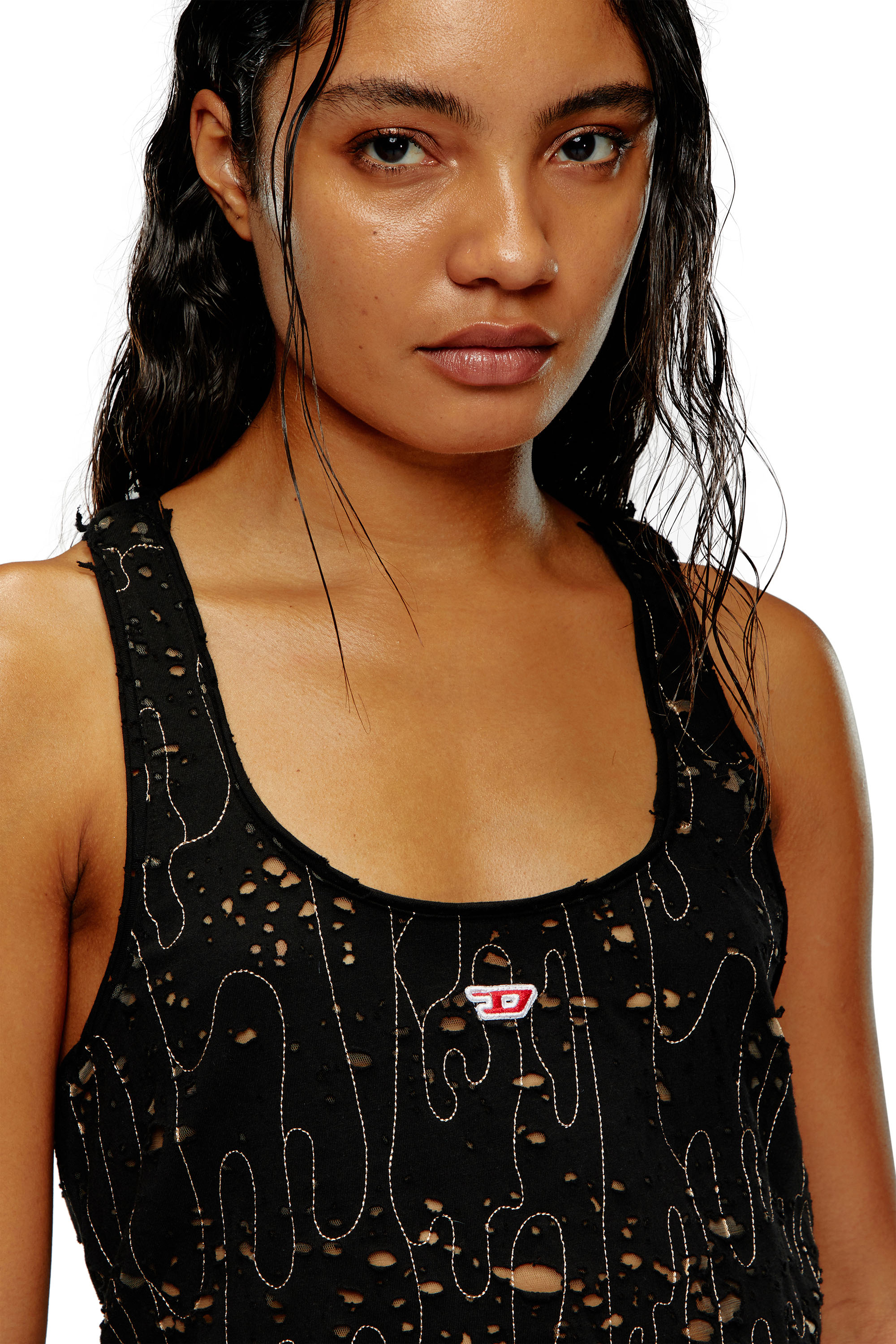 Diesel - T-BILS-DEV, Female Tulle tank top with destroyed jersey in Black - Image 4