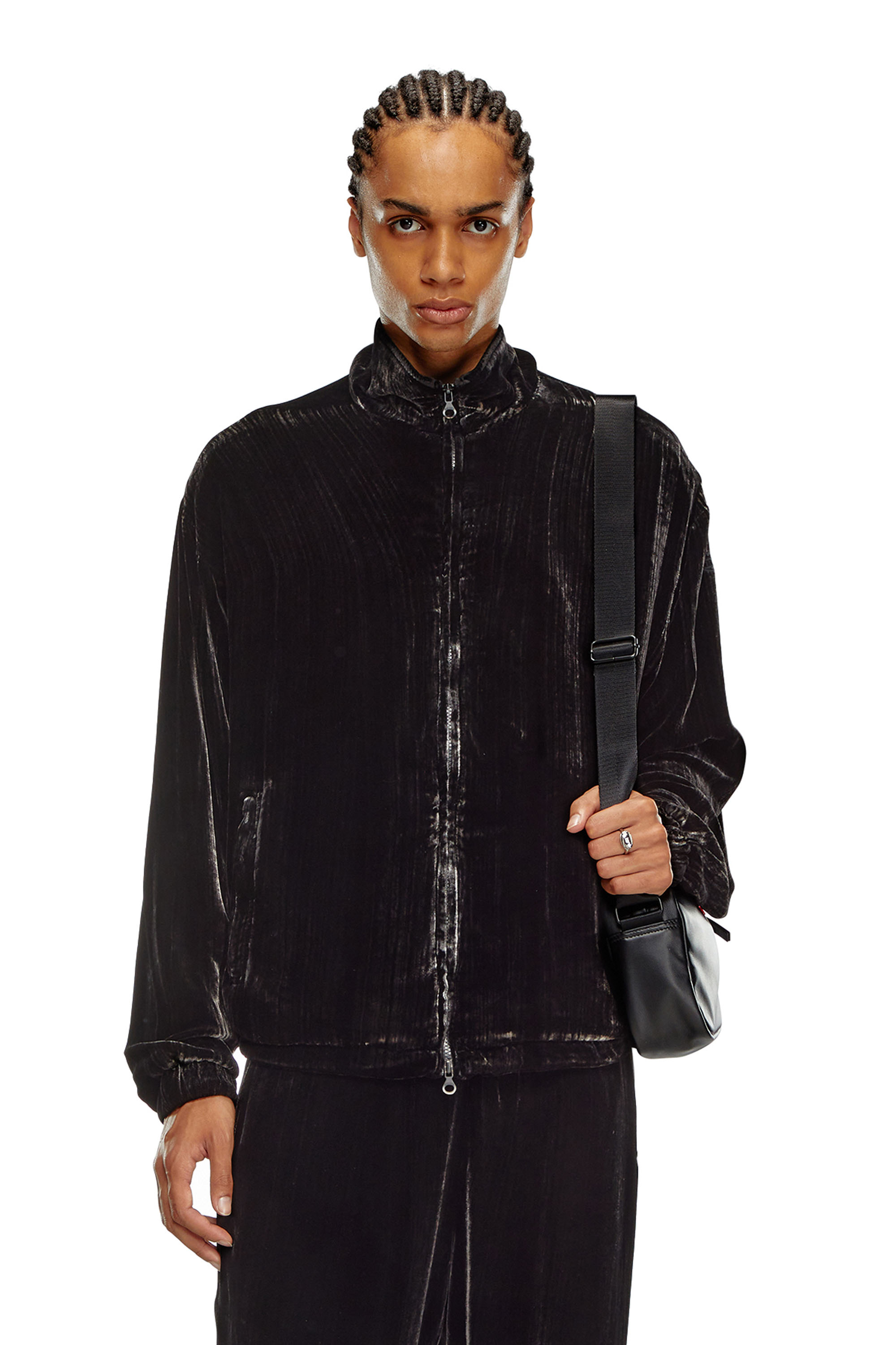 Diesel - J-SALFORD, Male's Treated silk-blend velvet jacket in Black - 1