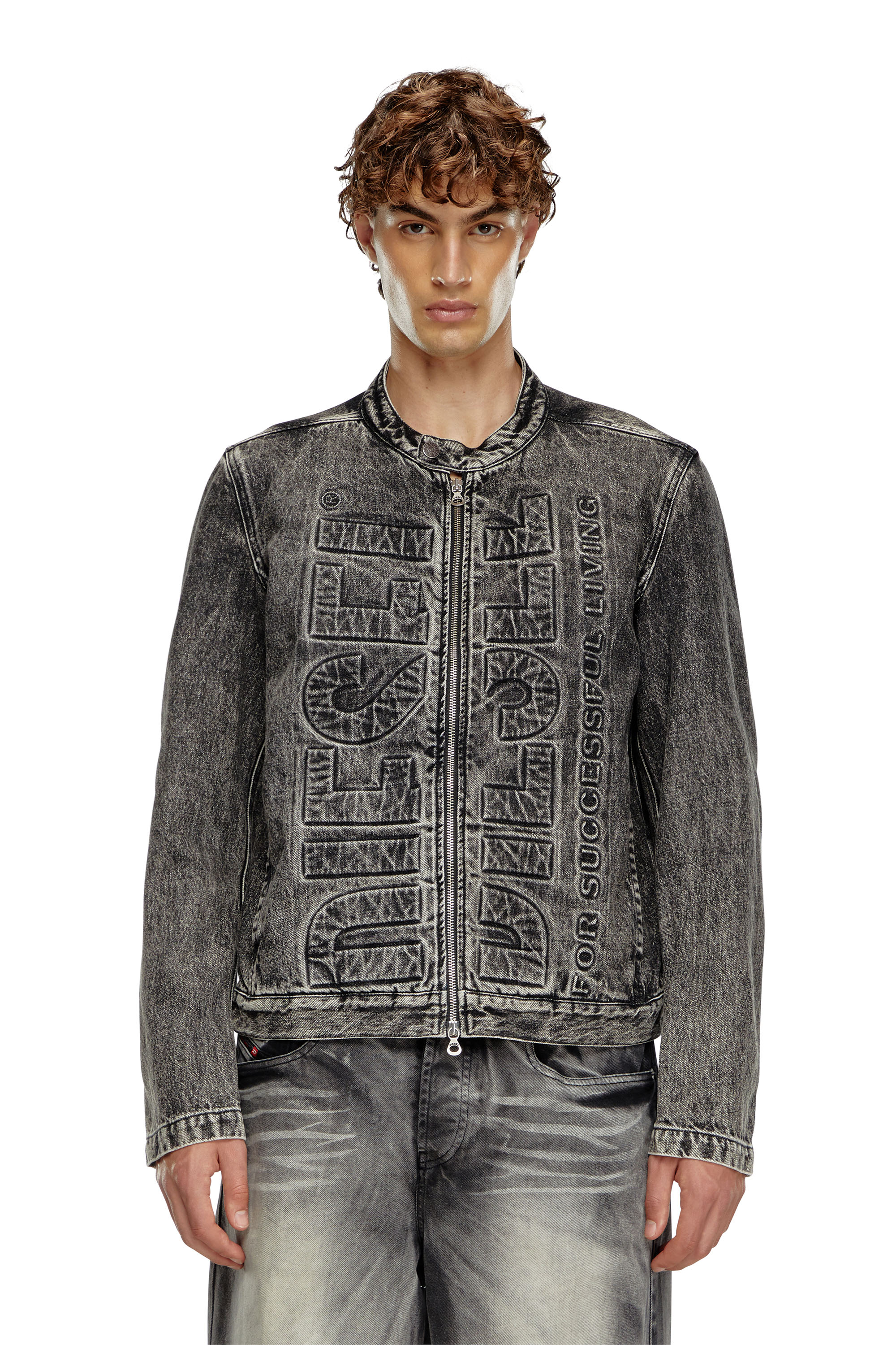 Diesel - D-GLORY-S1, Male's Denim moto jacket with embossed logo in Black - 1