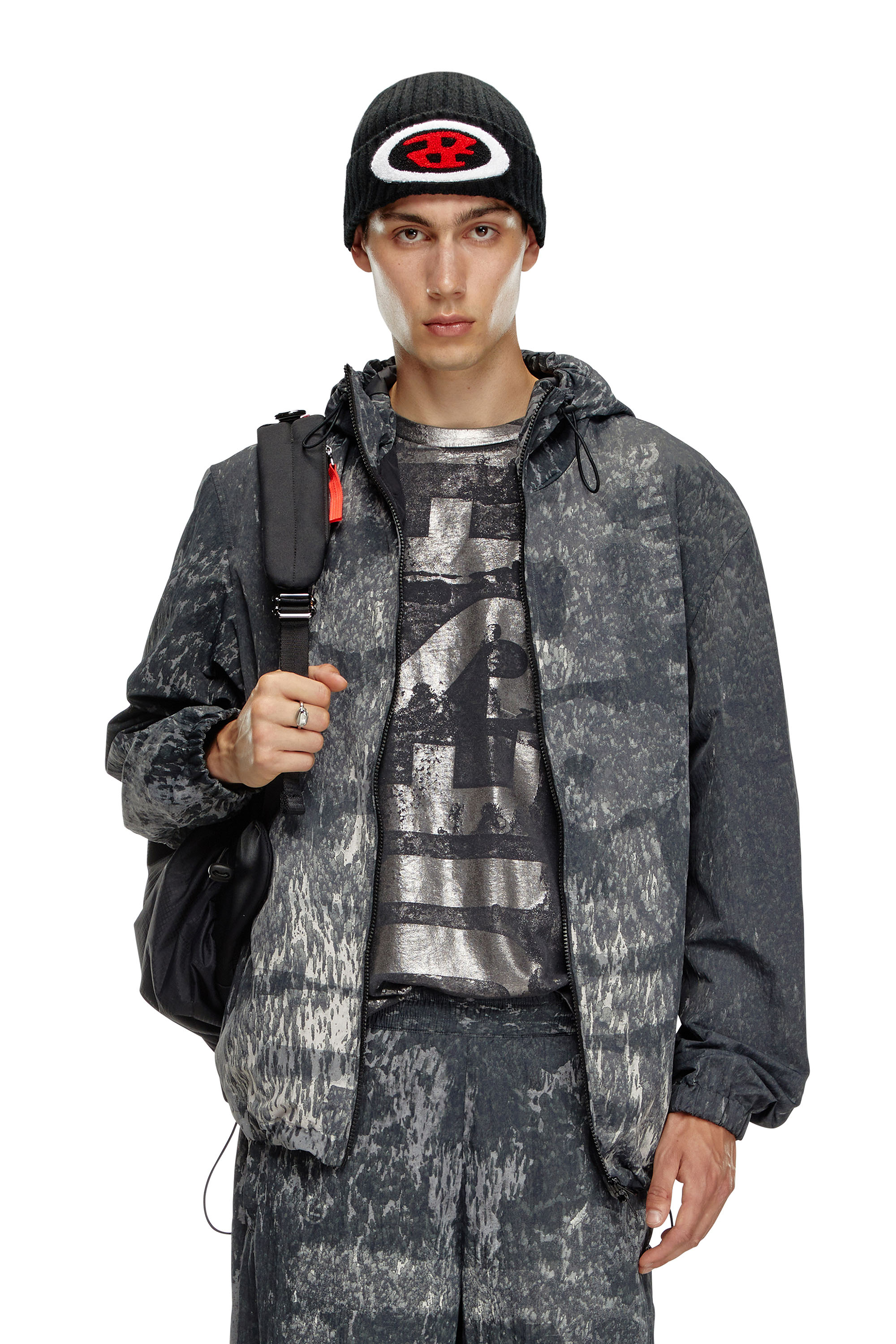 Diesel - J-BRICK, Male's Hooded windbreaker with Rain Camo print in Black - 1