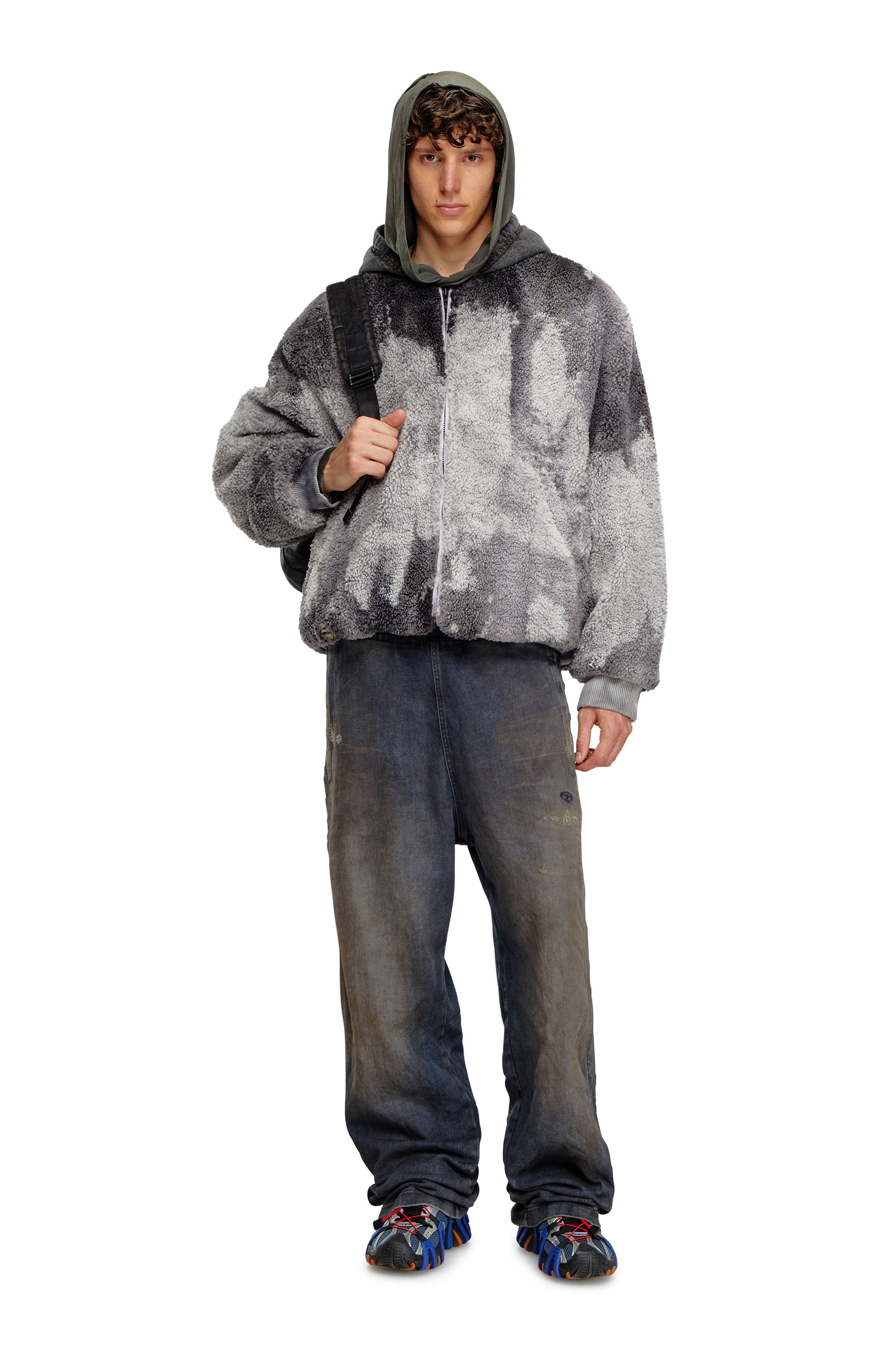 Diesel - S-DEPLA, Male's Tie-dyed teddy jacket with denim hood in Grey - 2