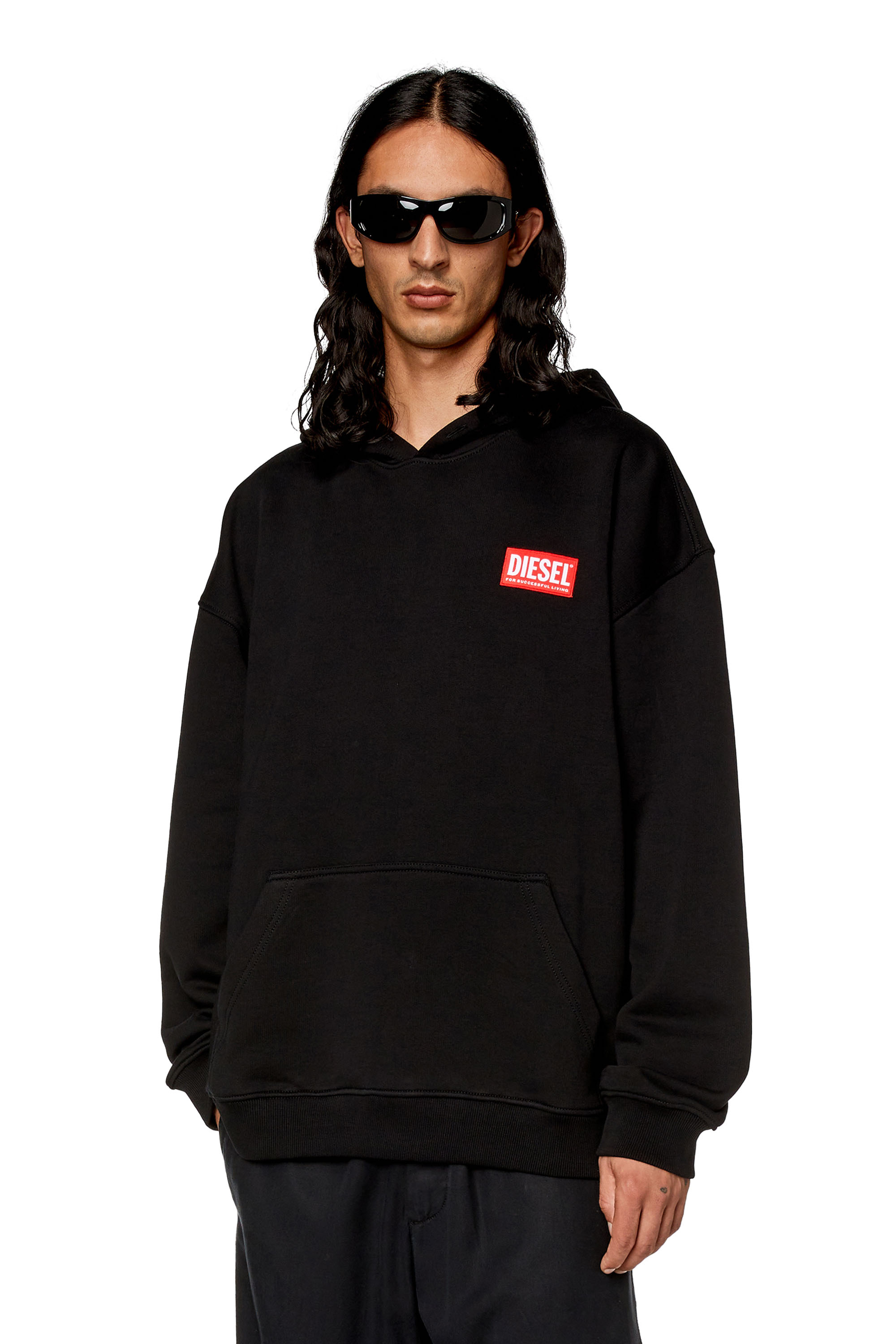 Diesel - S-NLABEL-HOOD-L1, Male Oversized hoodie with logo patch in Black - Image 1