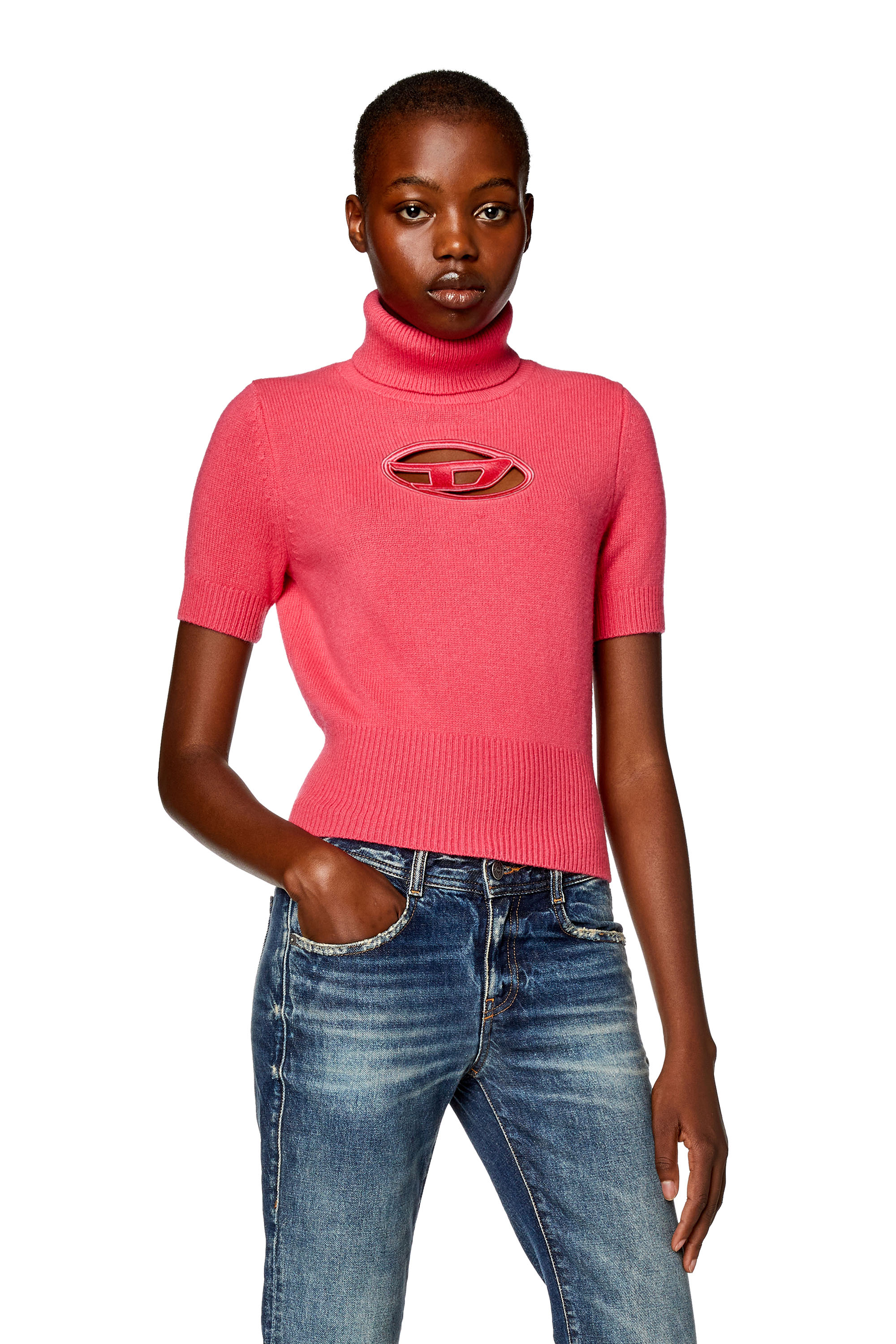 Diesel - M-ARGARET, Femme Pull à manches courtes avec logo effet découpé in Rose - Image 1