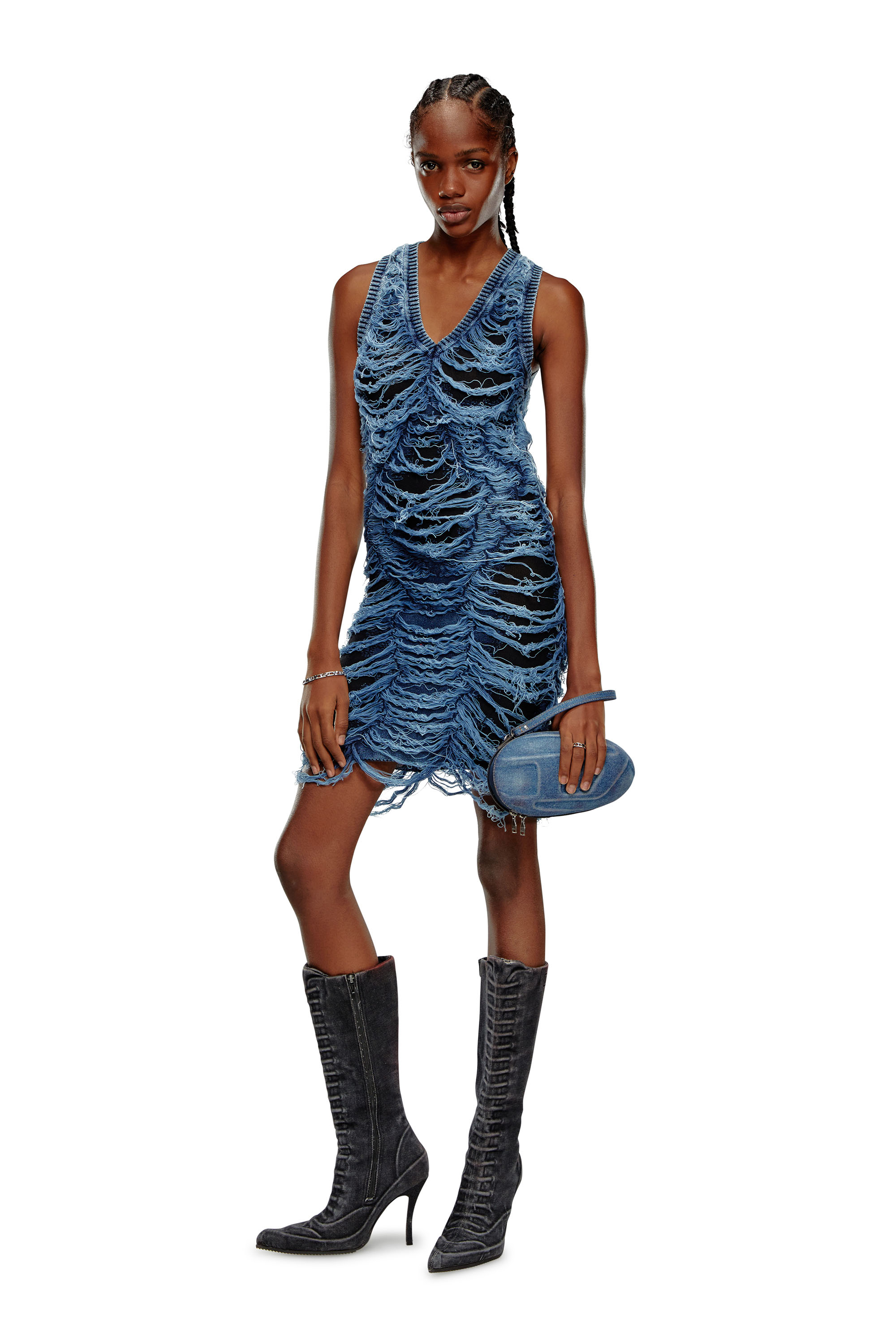 Diesel - M-BIANCA, Femme Robe courte en maille indigo effet destroy in Bleu - Image 1
