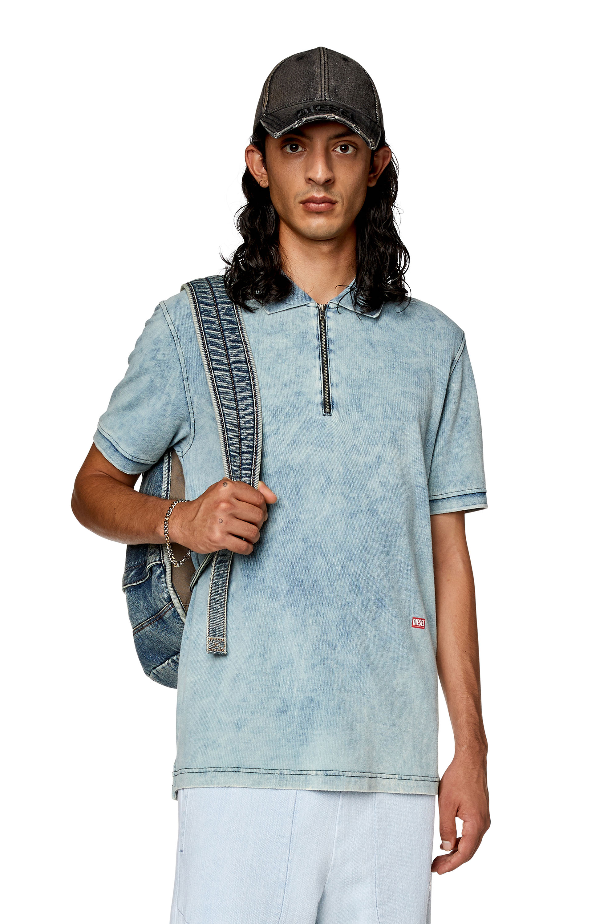 Diesel - T-SMITH-ZIP, Male Polo shirt in faded piqué in Blue - Image 1