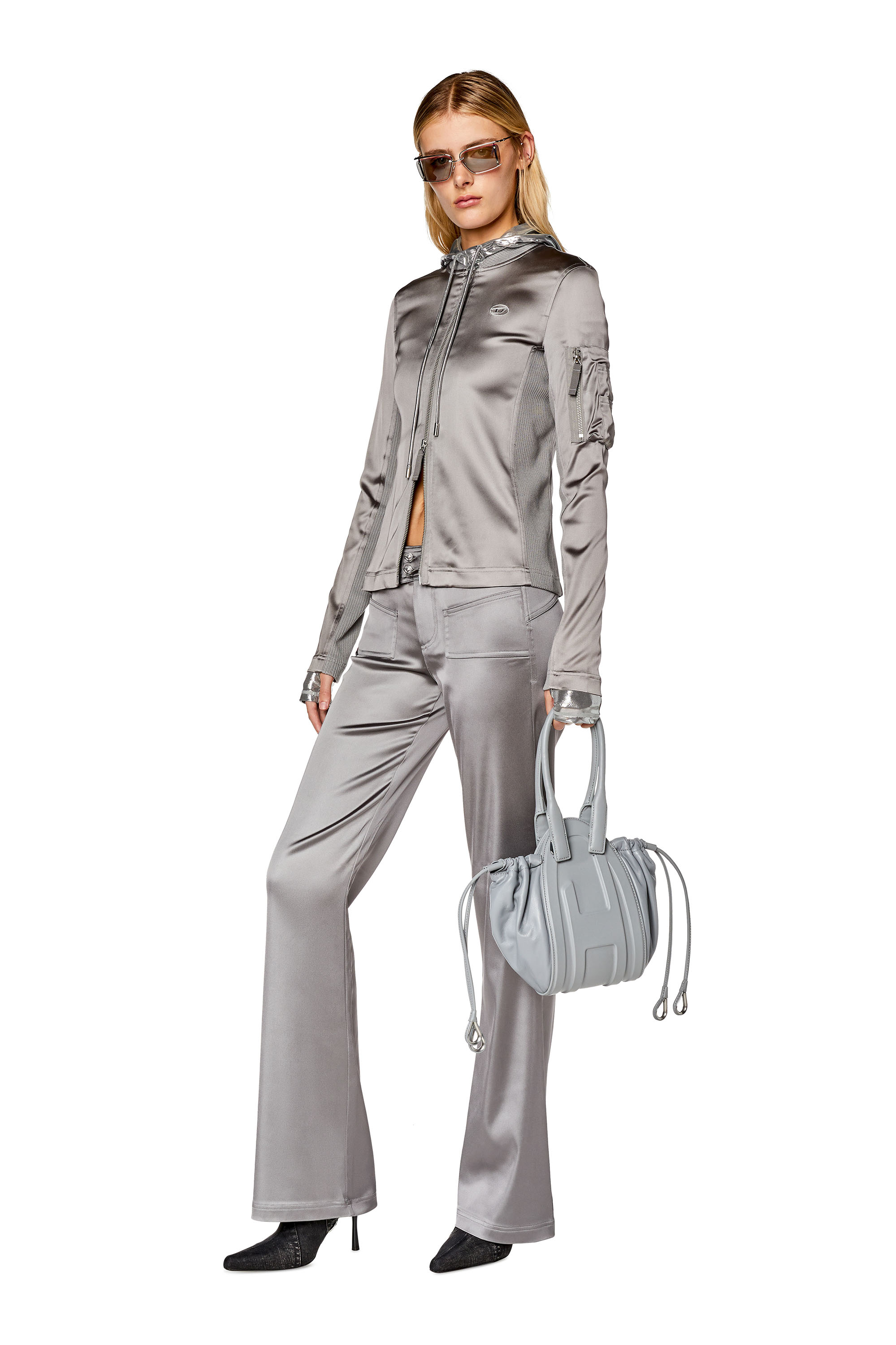 Diesel - T-OPUN, Female Track jacket in shiny stretch satin in Grey - Image 2