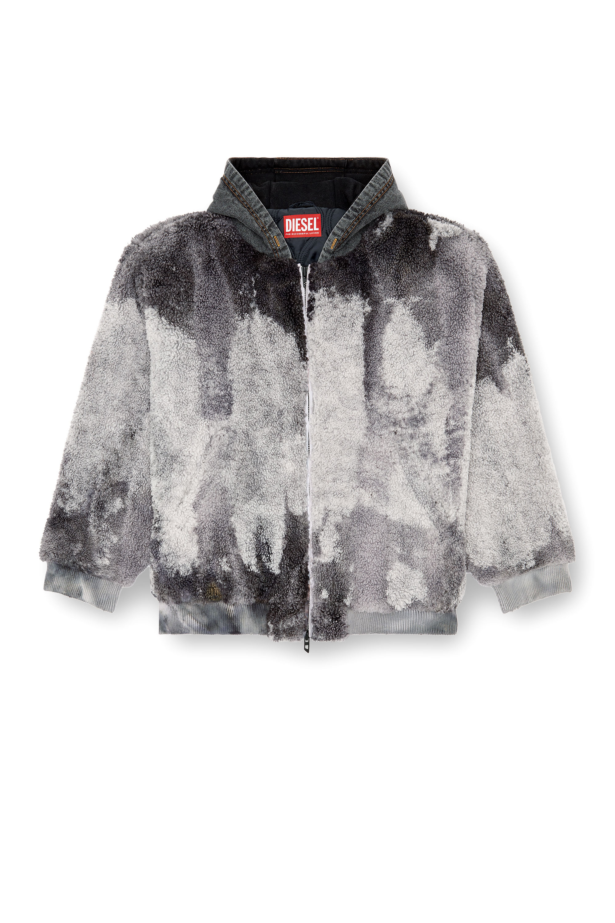 Diesel - S-DEPLA, Male's Tie-dyed teddy jacket with denim hood in Grey - 6