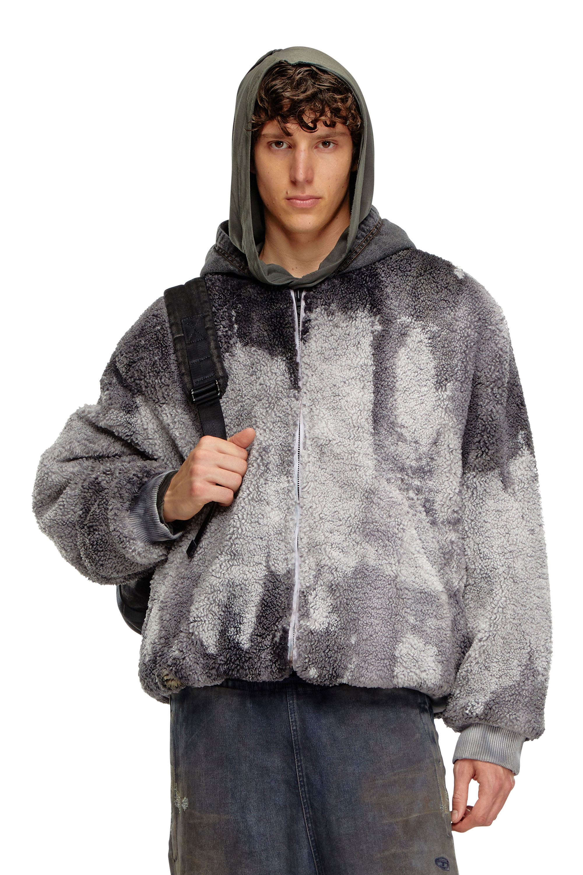 Diesel - S-DEPLA, Male's Tie-dyed teddy jacket with denim hood in Grey - 1